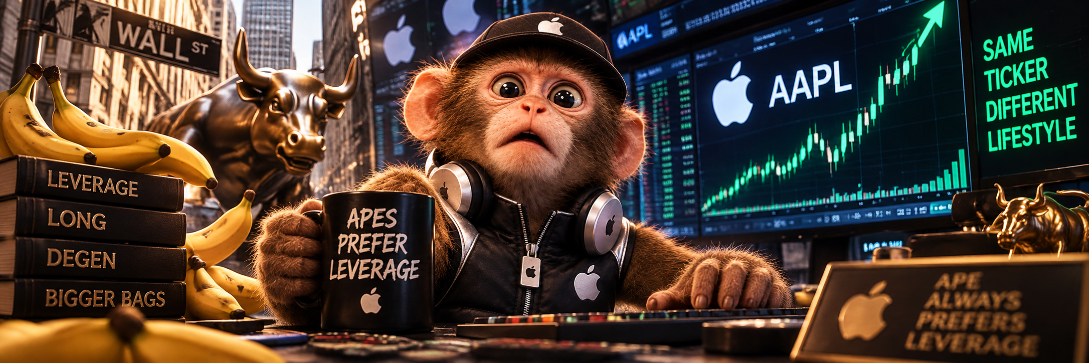 Ape Always Prefers Leverage campaign scene: the baby ape trader at a dark Robinhood-green trading desk