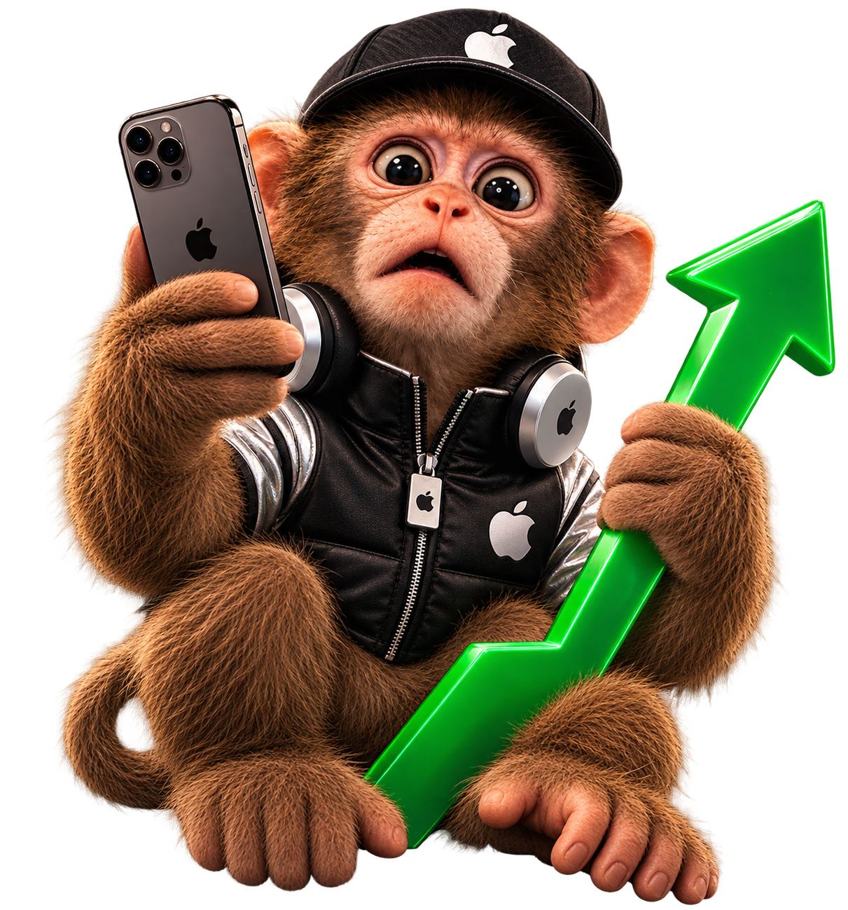 Ape Always Prefers Leverage mascot holding a phone and a bright green upward arrow